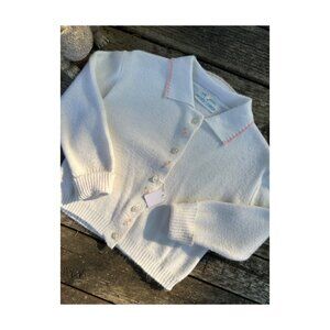 50s Eatons White Knit Cardigan Pink Flower Embroidery Collared Scotland